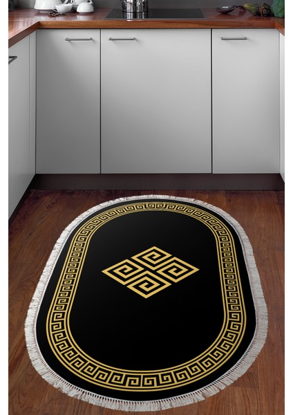Dijital Mutfak Halısı Yıldız Deri Kaymaz Taban Saçaklı Oval Modern Kathryn Gold