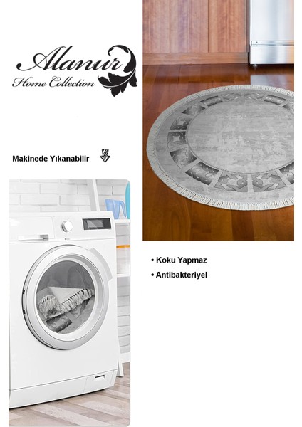 Dijital Mutfak Halısı Trend Keçe Kaymaz Taban Saçaklı Yuvarlak Modern Twyla Gri