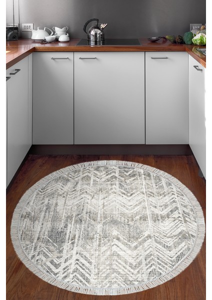 Dijital Mutfak Halısı Yıldız Deri Kaymaz Taban Saçaklı Yuvarlak Iskandinav Mel Gri