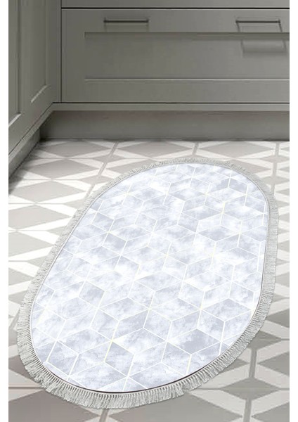 Dijital Mutfak Halısı Trend Keçe Kaymaz Taban Saçaklı Oval Modern Hope Mavi