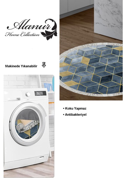 Dijital Mutfak Halısı Yıldız Deri Kaymaz Taban Saçaklı Yuvarlak Iskandinav Stephania Mavi