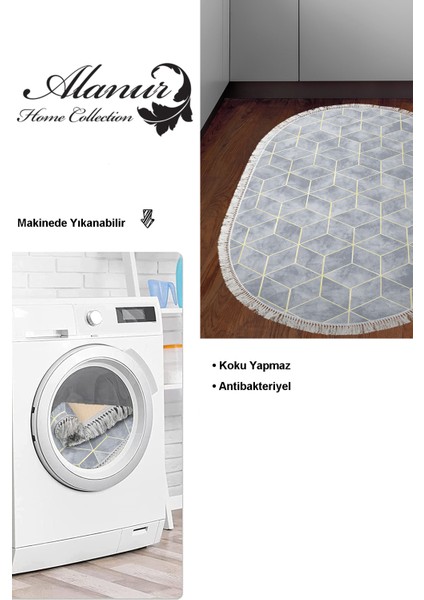Dijital Mutfak Halısı Yıldız Deri Kaymaz Taban Saçaklı Oval Modern Hope Mavi