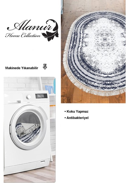 Dijital Mutfak Halısı Trend Keçe Kaymaz Taban Saçaklı Oval Modern Mollie Lacivert modelleri