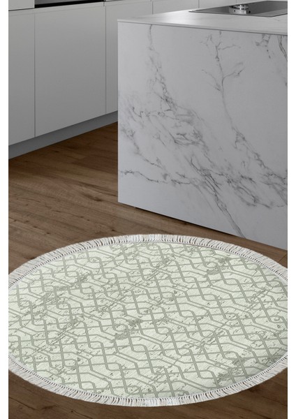Dijital Mutfak Halısı Trend Keçe Kaymaz Taban Saçaklı Yuvarlak Modern Eliana Yeşil
