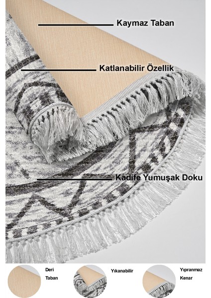 Dijital Mutfak Halısı Yıldız Deri Kaymaz Taban Saçaklı Yuvarlak Iskandinav Farah Gri
