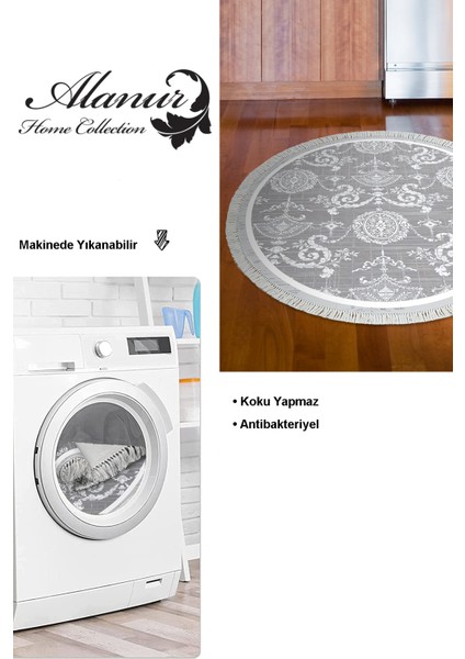 Dijital Mutfak Halısı Trend Keçe Kaymaz Taban Saçaklı Yuvarlak Modern Queta Gri