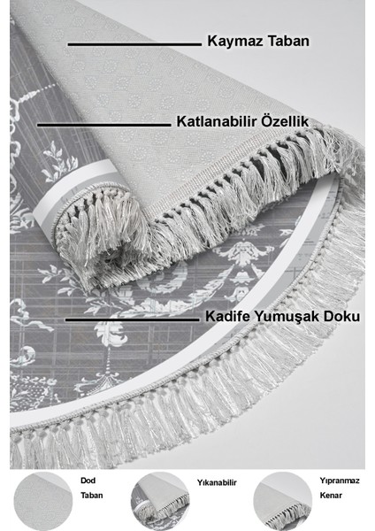 Dijital Mutfak Halısı Trend Keçe Kaymaz Taban Saçaklı Yuvarlak Modern Queta Gri
