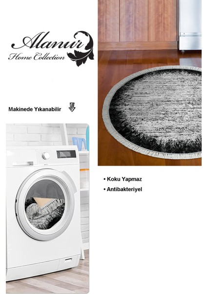 Dijital Mutfak Halısı Yıldız Deri Kaymaz Taban Saçaklı Yuvarlak Modern Evelina Siyah