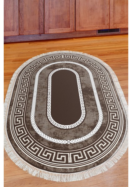 Dijital Mutfak Halısı Star Pamuk Kaymaz Taban Saçaklı Oval Modern Carmel Kahve