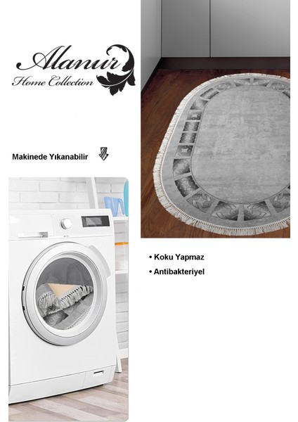 Dijital Mutfak Halısı Yıldız Deri Kaymaz Taban Saçaklı Oval Modern Twyla Gri