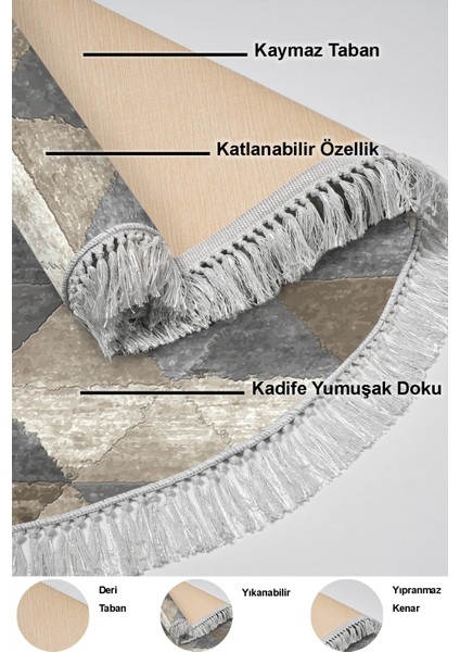 Dijital Mutfak Halısı Yıldız Deri Kaymaz Taban Saçaklı Yuvarlak Iskandinav Kitty Bej