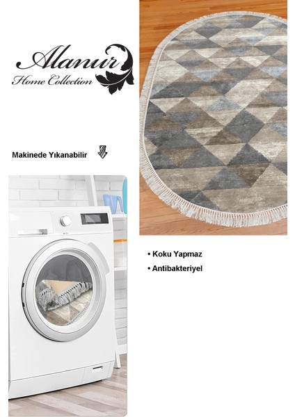 Dijital Mutfak Halısı Yıldız Deri Kaymaz Taban Saçaklı Oval Iskandinav Kitty Bej