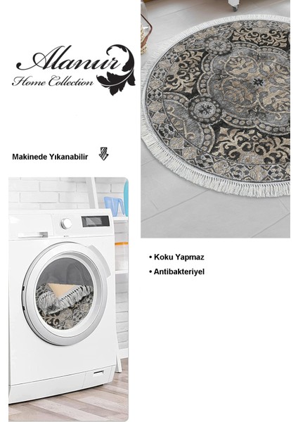 Dijital Mutfak Halısı Yıldız Deri Kaymaz Taban Saçaklı Yuvarlak Modern Osana Bej