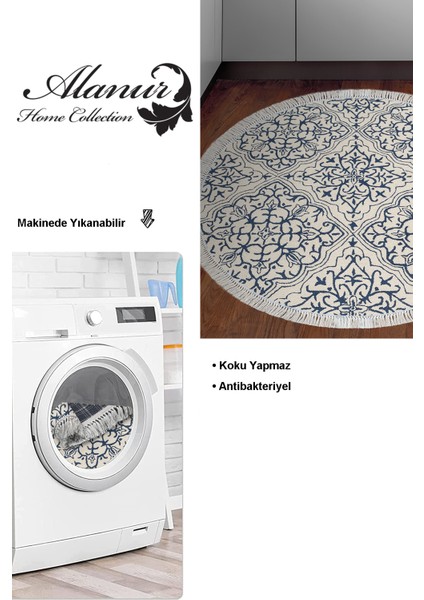 Dijital Mutfak Halısı Star Pamuk Kaymaz Taban Saçaklı Yuvarlak Modern Holly Krem