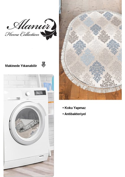 Dijital Mutfak Halısı Trend Keçe Kaymaz Taban Saçaklı Oval Modern Kye Bej modelleri