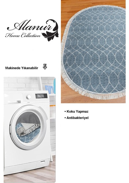 Dijital Mutfak Halısı Trend Keçe Kaymaz Taban Saçaklı Oval Iskandinav Celestine Lacivert