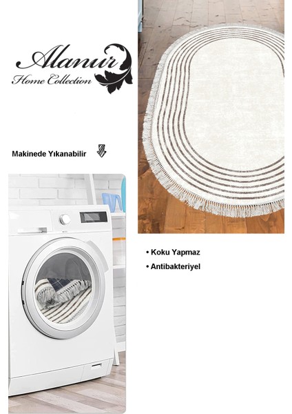 Dijital Mutfak Halısı Star Pamuk Kaymaz Taban Saçaklı Oval Modern Shelbi Bej