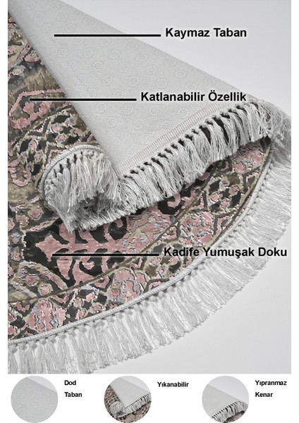 Dijital Mutfak Halısı Trend Keçe Kaymaz Taban Saçaklı Yuvarlak Modern Osana Pudra