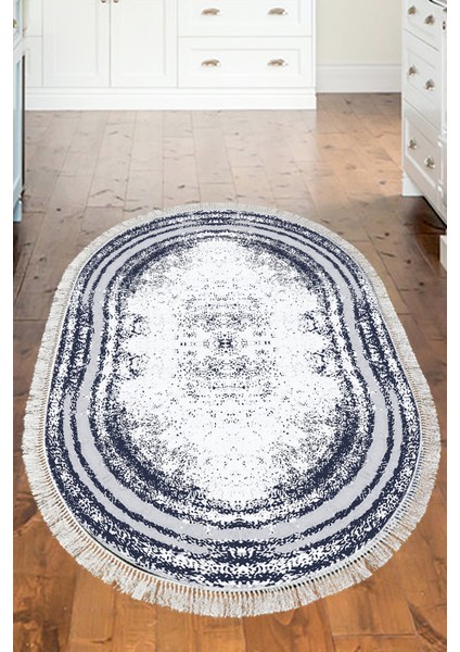 Dijital Mutfak Halısı Trend Keçe Kaymaz Taban Saçaklı Oval Modern Mollie Lacivert