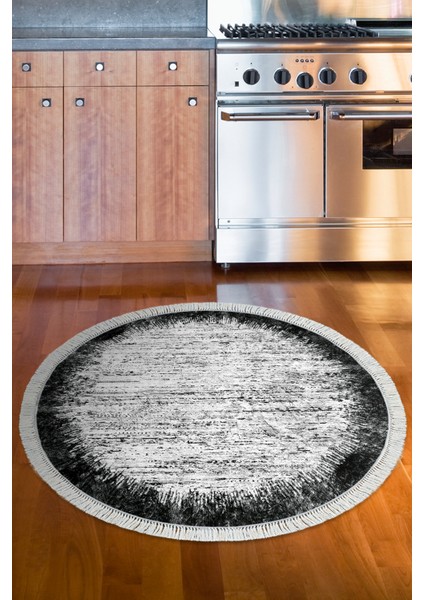 Dijital Mutfak Halısı Star Pamuk Kaymaz Taban Saçaklı Yuvarlak Modern Evelina Siyah