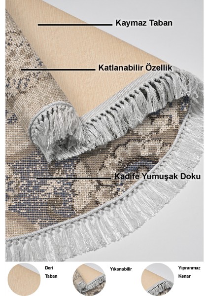Dijital Mutfak Halısı Yıldız Deri Kaymaz Taban Saçaklı Yuvarlak Modern Brenna Krem