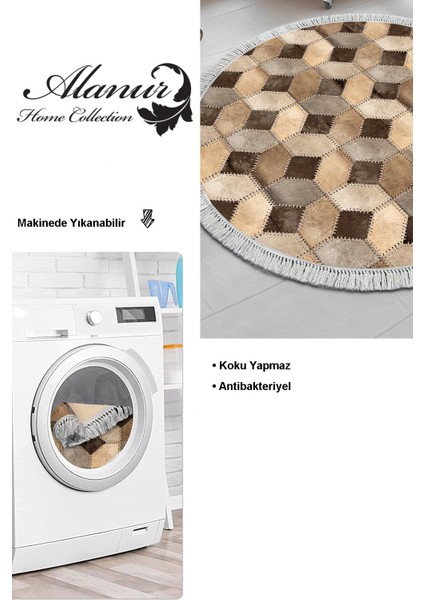 Dijital Mutfak Halısı Yıldız Deri Kaymaz Taban Saçaklı Yuvarlak Modern Tanya Kahve