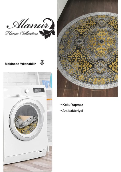 Dijital Mutfak Halısı Yıldız Deri Kaymaz Taban Saçaklı Yuvarlak Modern Osana Sarı