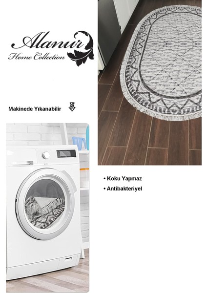 Dijital Mutfak Halısı Trend Keçe Kaymaz Taban Saçaklı Oval Iskandinav Farah Gri