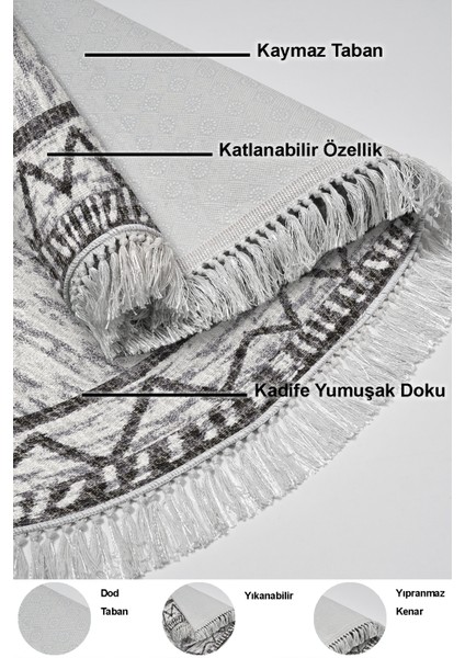 Dijital Mutfak Halısı Trend Keçe Kaymaz Taban Saçaklı Oval Iskandinav Farah Gri