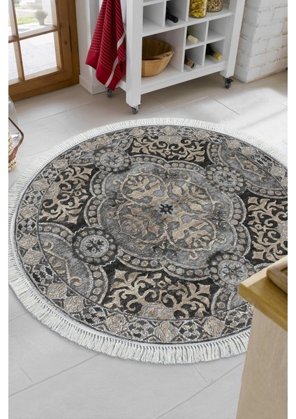 Dijital Mutfak Halısı Yıldız Deri Kaymaz Taban Saçaklı Yuvarlak Modern Osana Bej