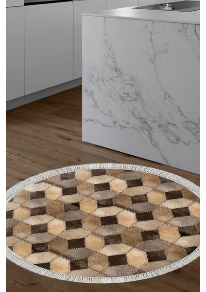 Dijital Mutfak Halısı Trend Keçe Kaymaz Taban Saçaklı Yuvarlak Modern Tanya Kahve