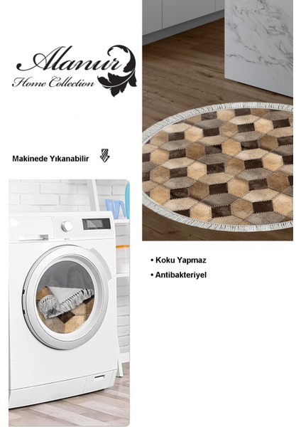 Dijital Mutfak Halısı Trend Keçe Kaymaz Taban Saçaklı Yuvarlak Modern Tanya Kahve modelleri