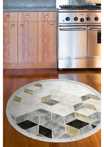 Dijital Mutfak Halısı Trend Keçe Kaymaz Taban Saçaklı Yuvarlak Iskandinav Stephania Krem