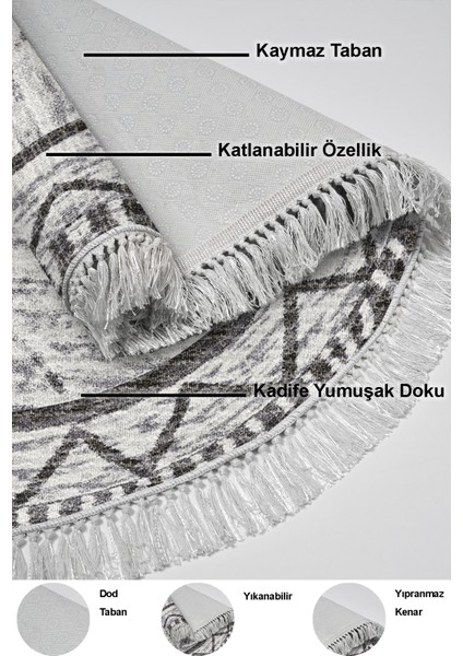Dijital Mutfak Halısı Trend Keçe Kaymaz Taban Saçaklı Yuvarlak Iskandinav Farah Gri