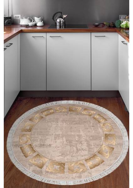 Dijital Mutfak Halısı Trend Keçe Kaymaz Taban Saçaklı Yuvarlak Modern Twyla Camel