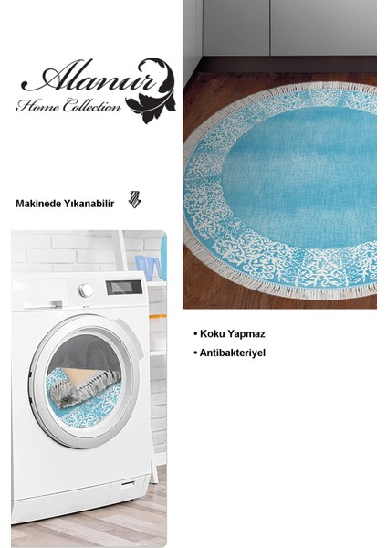 Dijital Mutfak Halısı Yıldız Deri Kaymaz Taban Saçaklı Yuvarlak Modern Sequoia Mavi