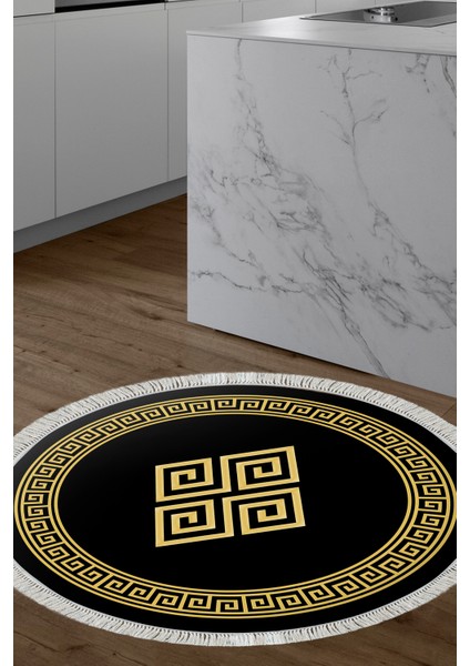 Dijital Mutfak Halısı Yıldız Deri Kaymaz Taban Saçaklı Yuvarlak Modern Kathryn Gold