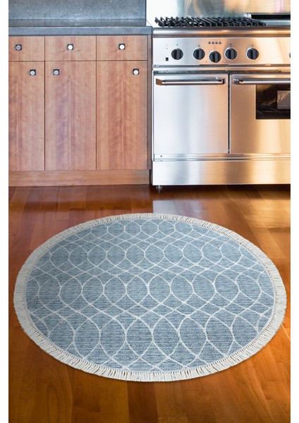 Dijital Mutfak Halısı Yıldız Deri Kaymaz Taban Saçaklı Yuvarlak Iskandinav Celestine Lacivert