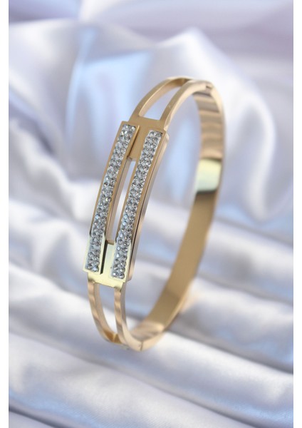 316L Çelik Gold Renk Kaburga Model Zirkon Taşlı Kadın Kelepçe