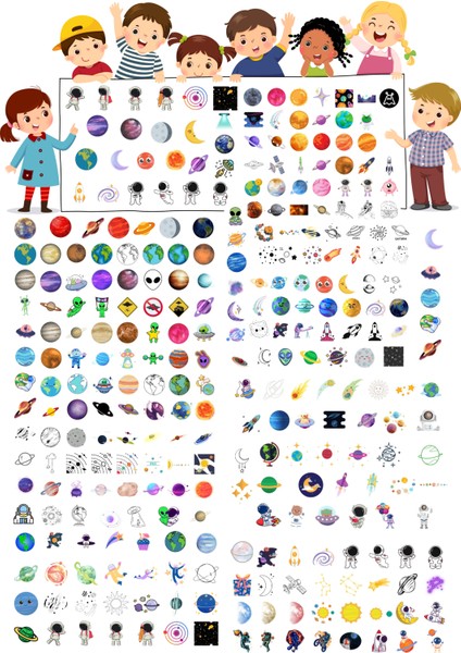 650 Adet Uzay Temalı Sticker Seti - Gezegen, Astronot, Yıldız, Meteor, Uzaylı Çıkartmalar