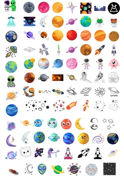 650 Adet Uzay Temalı Sticker Seti - Gezegen, Astronot, Yıldız, Meteor, Uzaylı Çıkartmalar modelleri