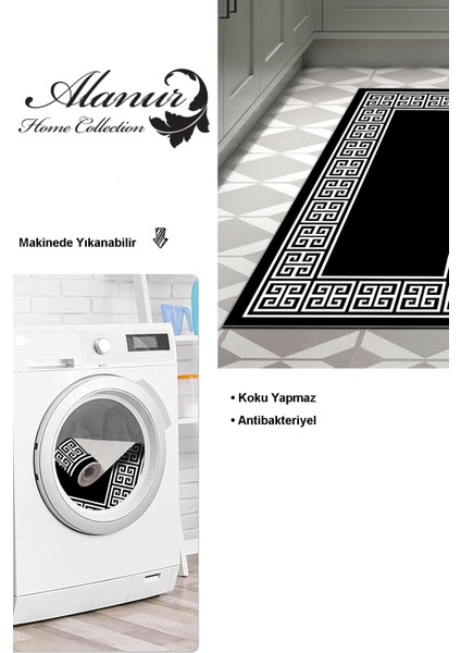 Dijital Mutfak Halısı Trend Keçe Kaymaz Taban Modern Penelope Siyah