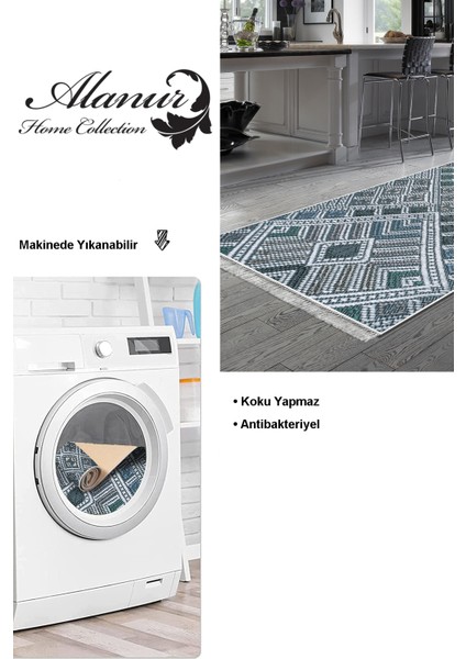 Dijital Mutfak Halısı Yıldız Deri Kaymaz Taban Saçaklı Modern Rylee Mavi