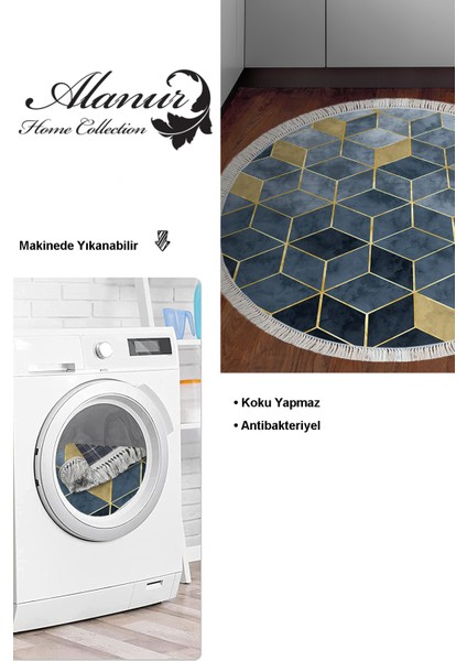 Dijital Mutfak Halısı Star Pamuk Kaymaz Taban Saçaklı Yuvarlak Iskandinav Stephania Mavi
