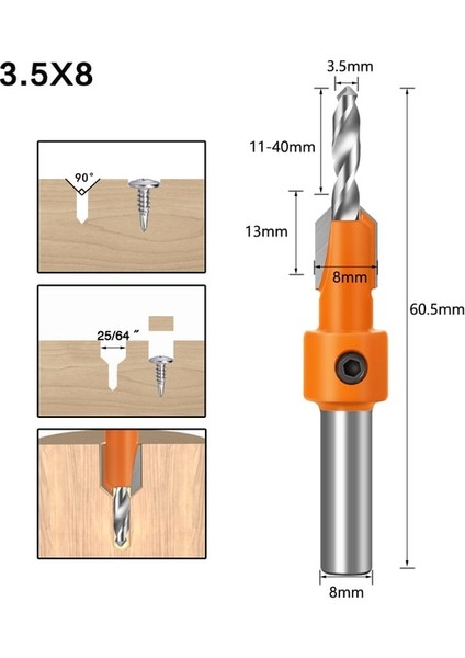 3.5x8 1 Adet 8mm Shank Hss Ağaç Işleme Havşa Yönlendirici Bit Vida Çıkarıcı Remon Yıkım Ahşap Freze Kesicisi (Yurt Dışından)