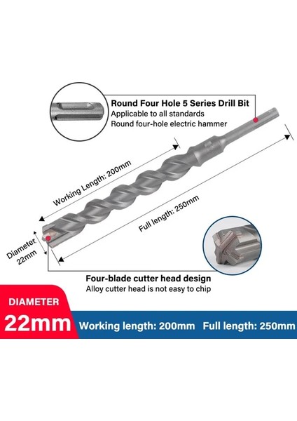 22X200X250MM Bosch Dört Çukurlu Elektrikli Darbeli Matkap Ucu 5 Serisi Dört Bıçaklı Yuvarlak Şaft/kare Şaft Matkap Uçları Beton Duvarları Delebilir (Yurt Dışından)