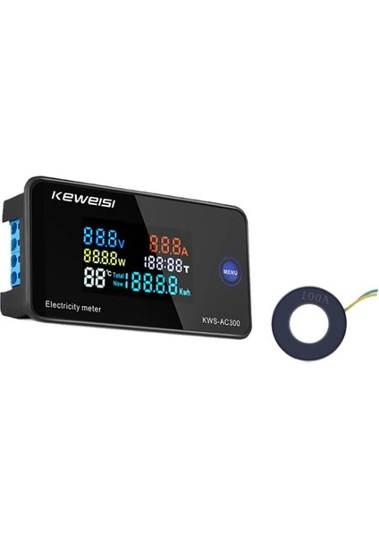 100A Kapalı Ct AC50-300V 100A 20A Renkli LCD Ekran Ac Gerilim Akım Güç Sıcaklık Test Cihazı Dijital Metre Test Cihazı Ct ile Dijital Voltmetre (Yurt Dışından)