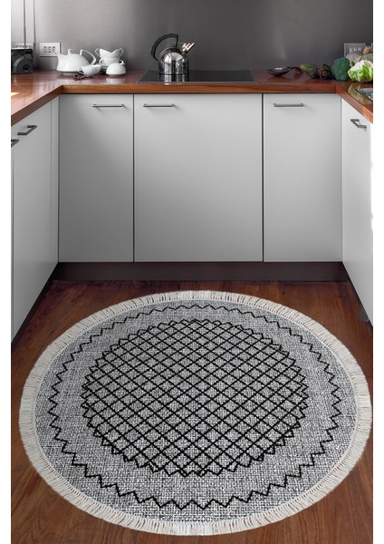 Dijital Mutfak Halısı Yıldız Deri Kaymaz Taban Saçaklı Yuvarlak Modern Christie Gri