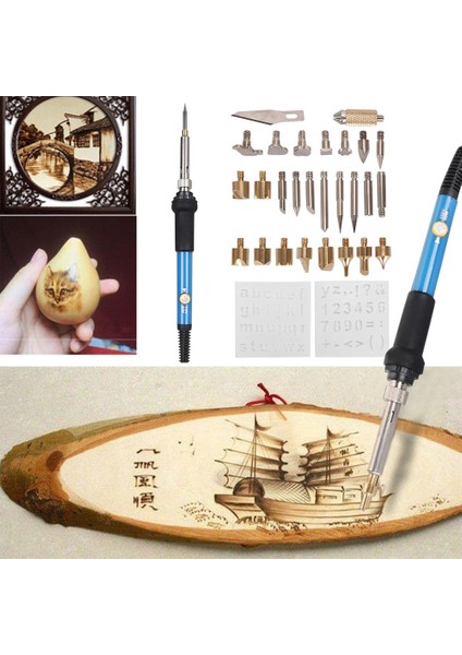 Sadece Kalem 28'i 1 Arada Ahşap Yakma Kiti, 60W Sıcaklık Ayarlanabilir 220-450 C Pyrography Kalem Havya + 2 Şablon (Yurt Dışından)