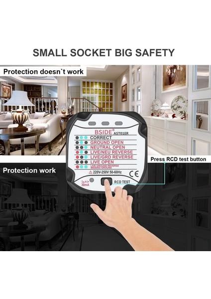AST01 LED Göstergesi Ab Fişi Bsıde AST01 Elektrik Soketi Test Cihazı Ab Fişi Soket Test Cihazı Rcd Gfcı Test Çıkışı Topraklama Sıfır Hattı Fişi Polarite Faz Kablo Kontrolü (Yurt Dışından) indirimleri